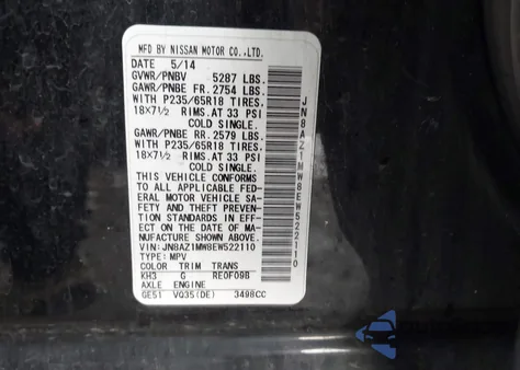 2014 Nissan Murano Sl from USA, damaged, VIN JN8AZ1MW8EW522110